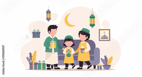 Happy Muslim family celebrating Eid alFitr together.