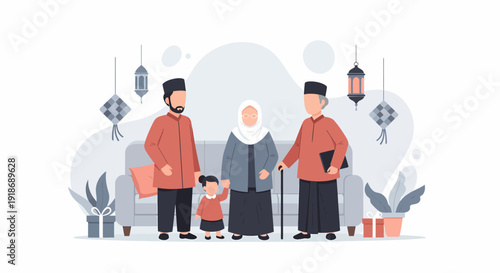 Happy Muslim family celebrating Eid alFitr together enjoying festive moments.