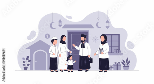 Happy Muslim Family Gathering Together for Eid Mubarak Celebration.