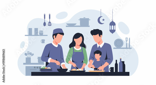 Happy Muslim Family Preparing Iftar Meal Together in Kitchen During Ramadan.