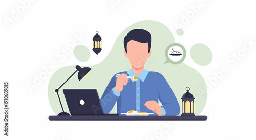Man eating at a table with laptop and lamp.