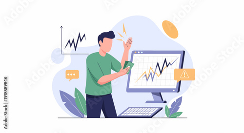 Man Analyzing Financial Data on Computer Screen with Charts and Graphs.