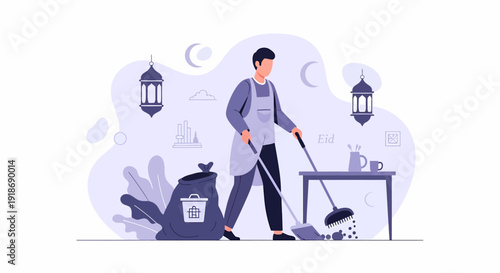 Man sweeping floor with broom and dustpan in a cleaning illustration.