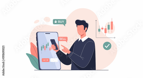 Man trading stocks online using mobile phone application for financial investment.