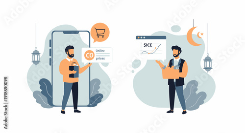 Man using smartphone for online shopping and another man analyzing sales data.