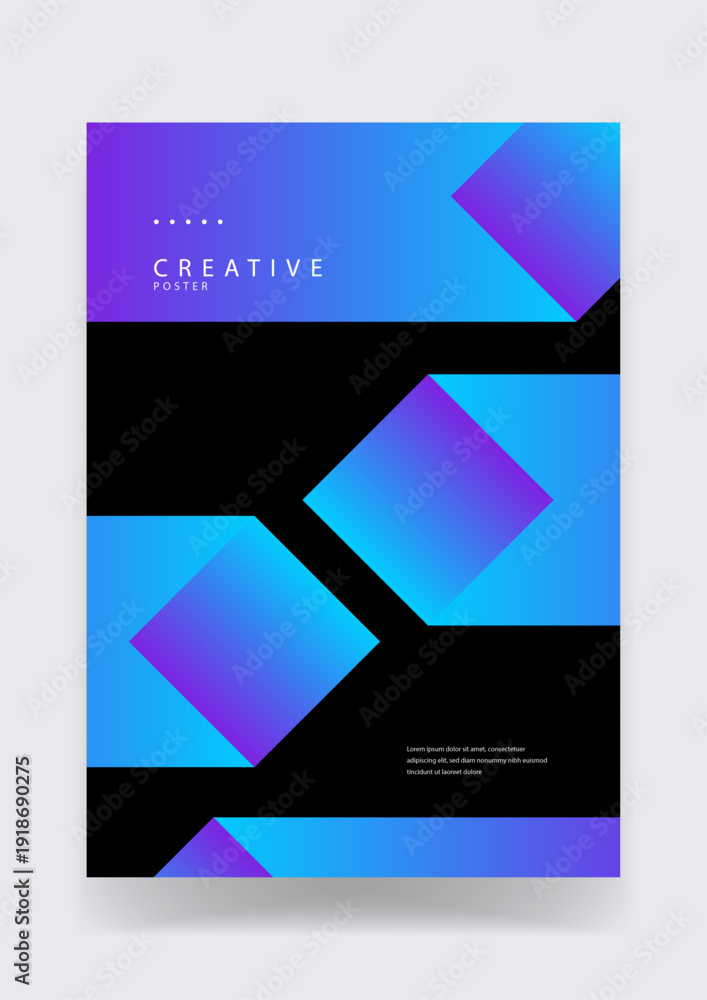 Fototapeta premium Stylish modern poster featuring overlapping purple and blue gradient geometric shapes on a solid black background