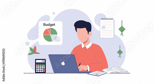 Man working on laptop with budget charts and calculator.