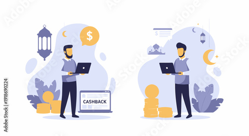 Man working on laptop with cashback and financial elements.