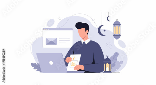 Man working on laptop with documents focused on task professional illustration.