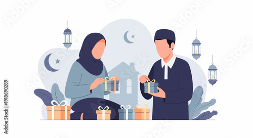Muslim couple exchanging gifts during Ramadan celebration.