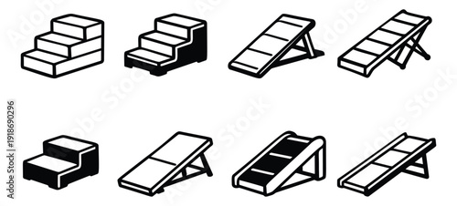 Line art pet steps and ramps set featuring various dog stairs, cat ramps, and mobility aids for animal accessibility