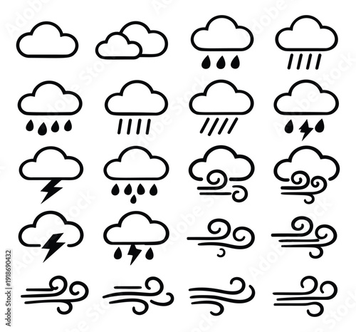 Line art weather icons set featuring clouds, rain, snow, lightning, and wind for forecast applications