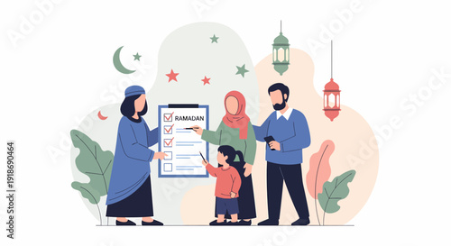 Muslim Family Checking a Checklist for Ramadan or Eid Celebration Preparations.