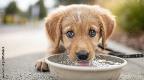 A thirsty puppy is drinking water from a travel bowl