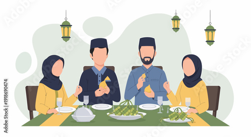 Muslim family enjoying an Iftar dinner together during Ramadan celebration.