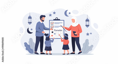 Muslim Family Preparing for Ramadan with Checklist.