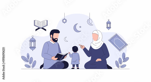 Muslim Family Reading Holy Quran Together During Ramadan Celebration.