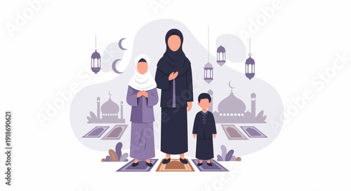 Muslim family praying together on prayer rugs during Ramadan.
