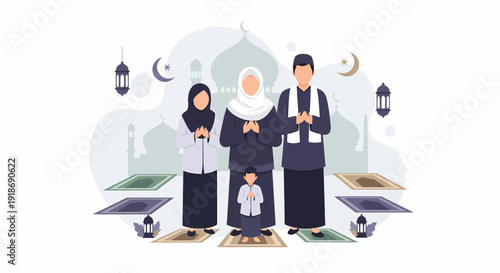 Muslim family praying together illustration.