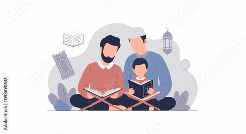 Muslim family reading Quran together during Ramadan celebration flat illustration.