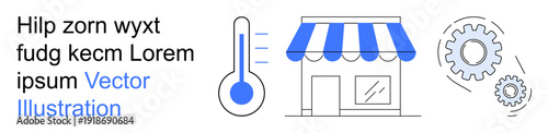 Small business, temperature control, systems, efficiency, innovation, technology. Visual a thermometer, storefront and gear mechanisms. Small business and temperature control applied