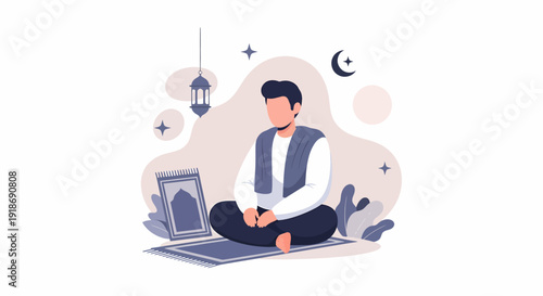 Muslim man praying on a prayer mat during Ramadan.