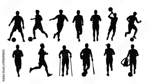 Diverse group of people engaged in various sports activities illustrated in black silhouettes isolated on white background, Vector