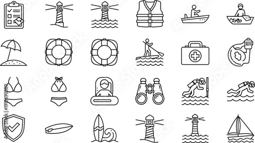Water Safety and Lifeguard Line Icon Set with Rescue Equipment, Life Jacket, Lifebuoy, Boat, Lighthouse, and Swimming Warning Symbols