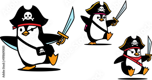 Three pirate penguin characters in various action poses, each wearing a skull and crossbones hat, a red bandana, and holding a shiny sword, isolated on a transparent background.
