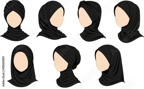 Islamic hijab styles vector collection. Includes various headscarf, niqab, burqa, and abaya fashion symbols. Created in flat black and beige style with a minimalist palette.