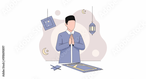 Muslim man praying with hands together in traditional pose.