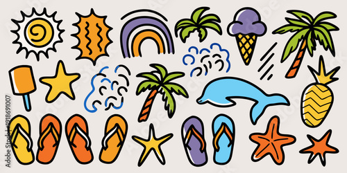 Colorful summer doodles including suns palm trees and ocean creatures
