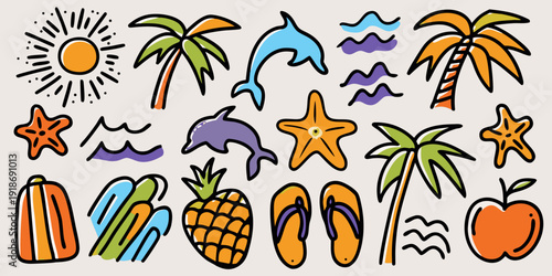 Colorful summer doodles featuring sun palm trees and tropical fruits