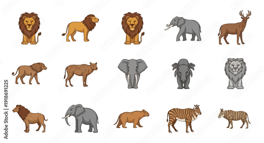 Obraz premium A comprehensive collection of wild animal silhouettes including a lion, tiger, bear, and giraffe featuring black vector illustrations of nature and wildlife mammals