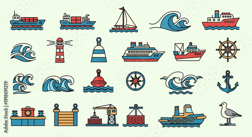 Vector illustration set of nautical birthday icons featuring a cartoon cruise ship, sailboat, and anchor silhouette for a marine themed travel party