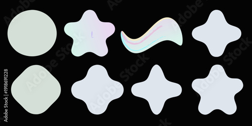 Abstract pastel shapes arranged in two horizontal rows on a black background