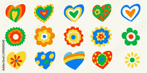 Colorful hearts and flowers arranged in rows on a white background