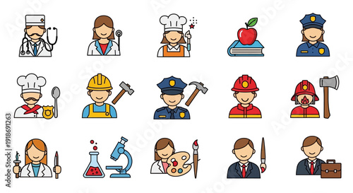 Collection of cartoon business people and children icons featuring a diverse team of characters like doctors and athletes in a fun comic vector illustration set