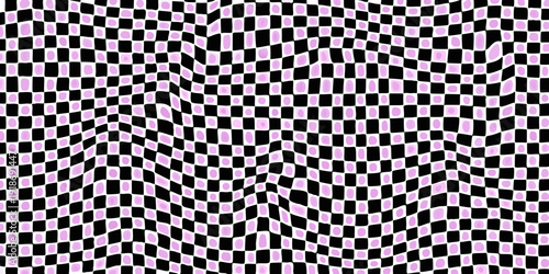Optical illusion with a warped checkerboard pattern in lavender and black