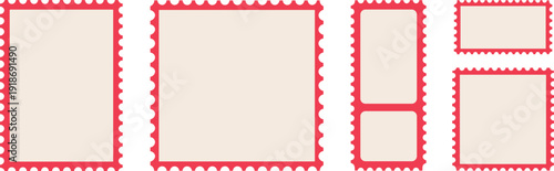 Blank postage stamp vector templates, red perforated border illustration, square and rectangular stamp designs, philatelic artwork for mail, vintage postal graphics