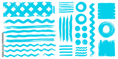 Abstract turquoise brushstrokes and geometric patterns on a white background