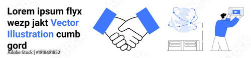 Handshake symbolizes partnership, a professional adjusts a display, and digital orbit graphics for progress and innovation. Ideal for teamwork, collaboration, partnerships, technology, innovation