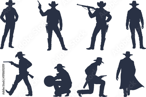 Cowboy silhouette vector designs, Western gunslinger illustration, rifle and pistol artwork, dynamic cowboy poses graphics, frontier culture traditional Wild West elements
