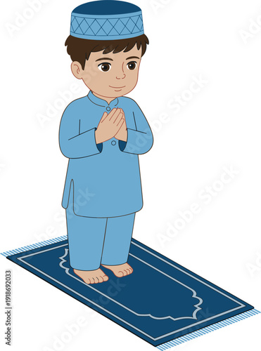 Muslim boy praying on prayer mat Islamic child performing salah cartoon vector illustration isolated on white background
