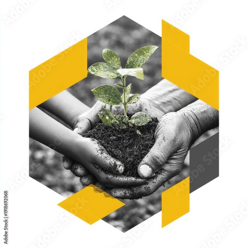 Hands hold seedling, elder and child, symbolizing growth & future