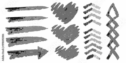 Abstract brushstroke patterns in grayscale displaying varying textures and shapes