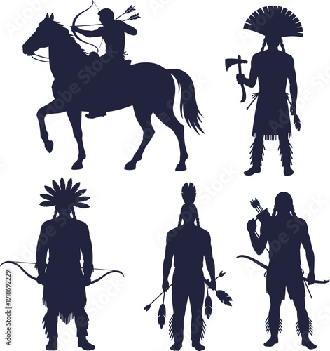 Native American warrior silhouettes, horseback archer vector design, feathered headdress illustration, tomahawk and bow artwork, tribal culture traditional graphics