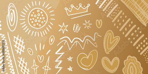 Abstract golden doodle pattern with celestial and heart motifs