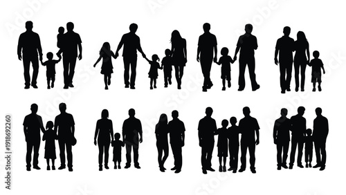 Silhouettes of diverse families and groups of people in various formations isolated on white background, Vector