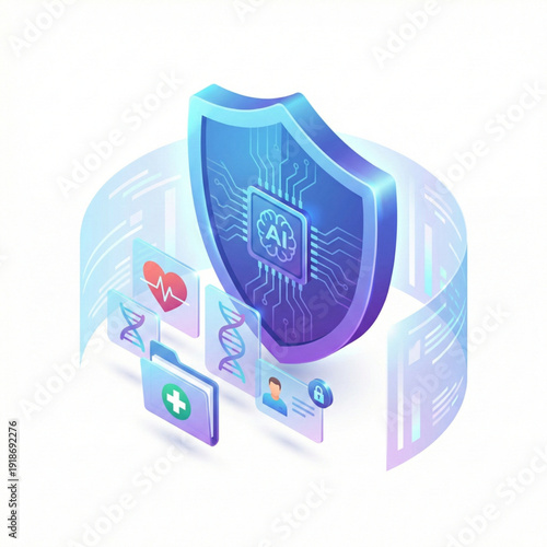 Isometric glowing AI cyber shield protecting sensitive medical data and privacy